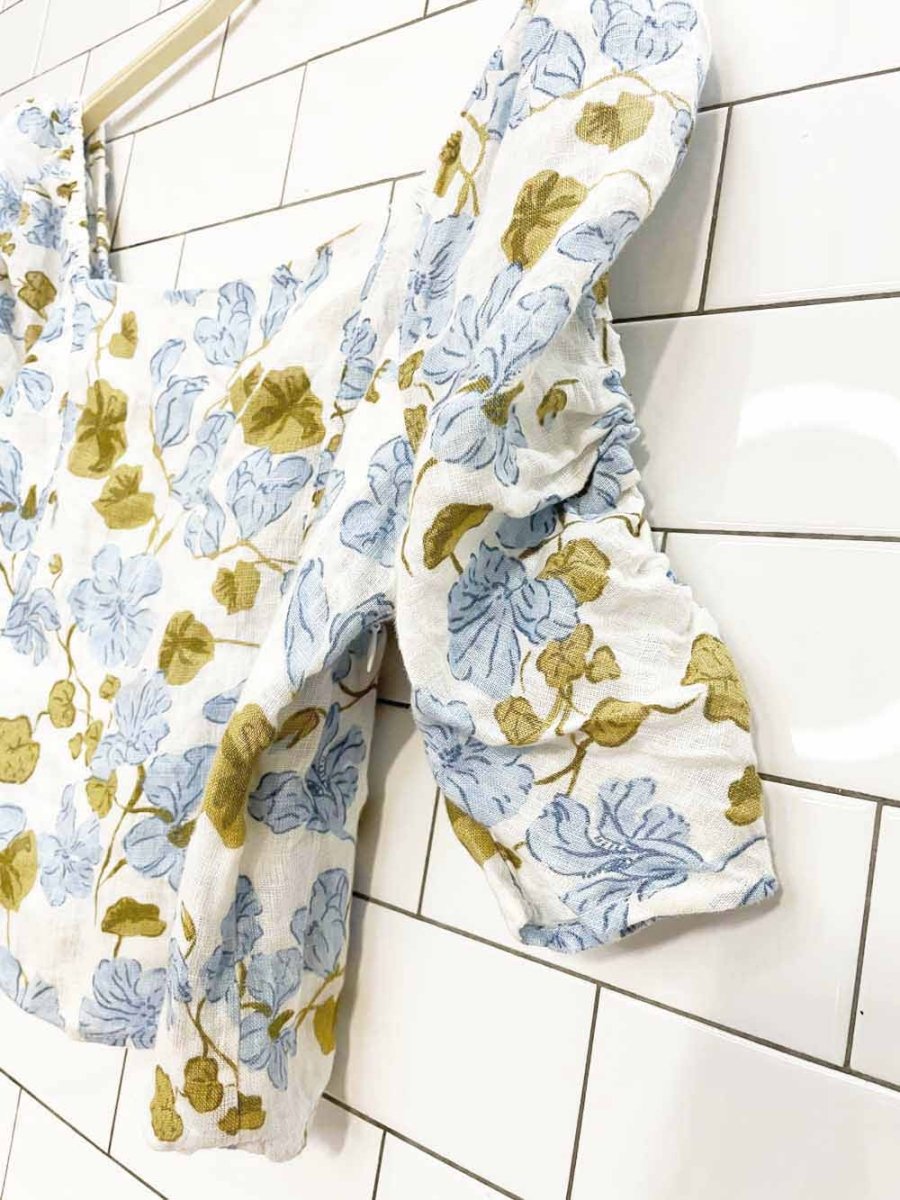 joie 100% linen floral ruched sleeve prairie blouse - good market thrift store