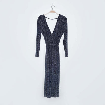 mandee long sleeve wrap sparkle jumpsuit - size small