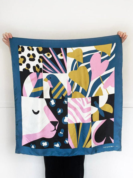 kate spade 100% silk animal faces scarf | hand - rolled edge - good market thrift store