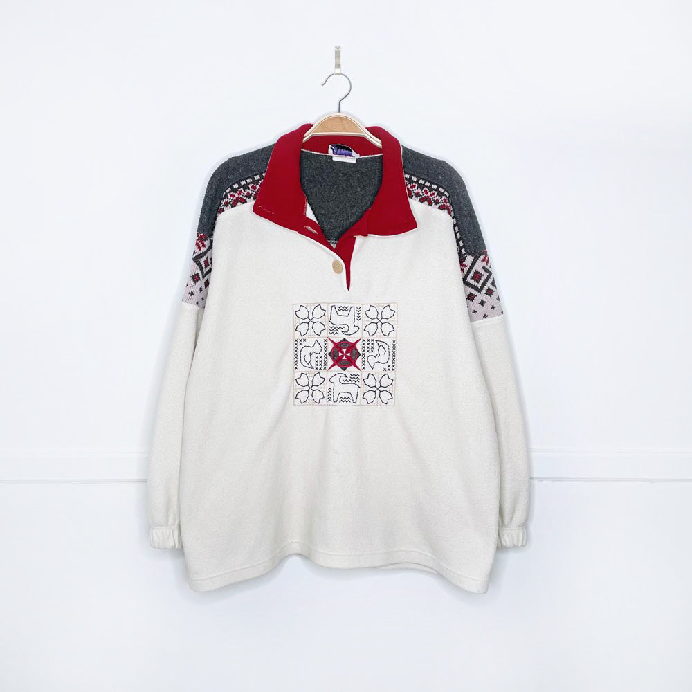 vintage 90s kates nordic knit trim 1/4 fleece sweatshirt