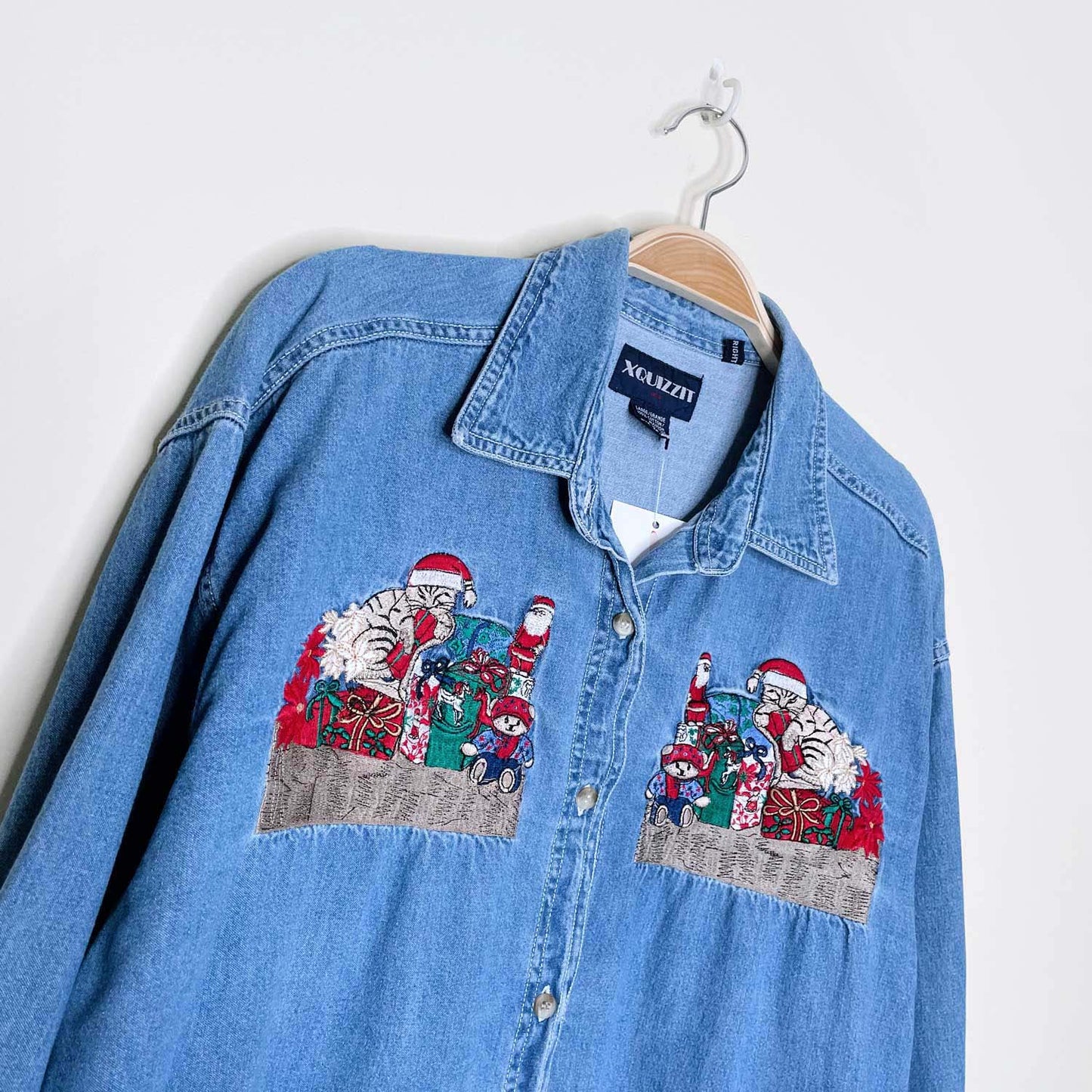 vintage xquizzit christmas cat denim button down - size large
