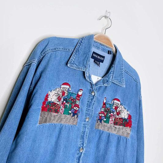 vintage xquizzit christmas cat denim button down - size large