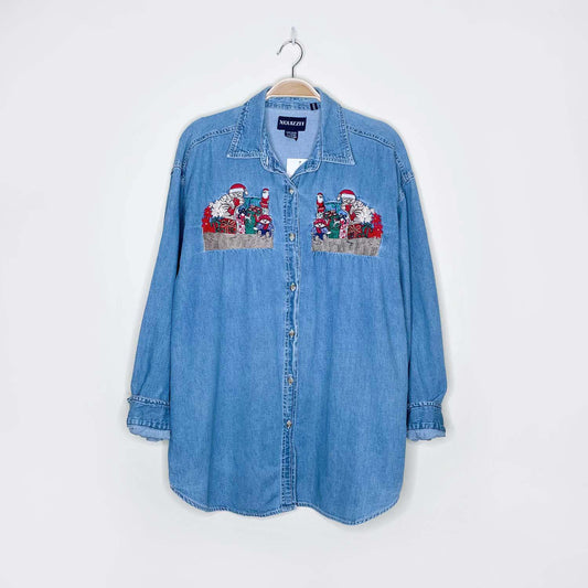 vintage xquizzit christmas cat denim button down - size large