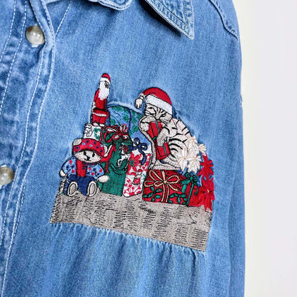 vintage xquizzit christmas cat denim button down - size large