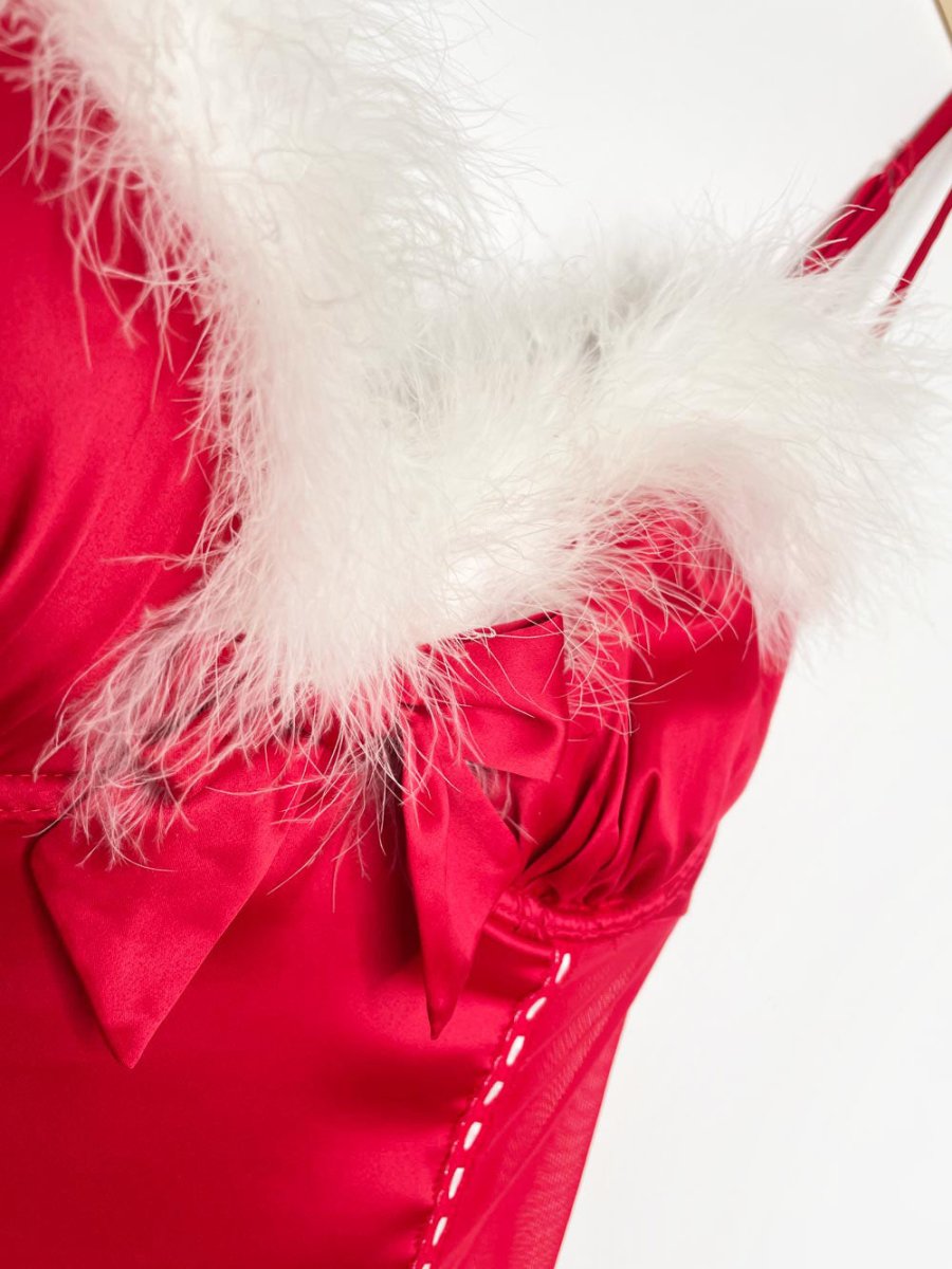 la senza mrs claus boa feather trim satin bustier - good market thrift store