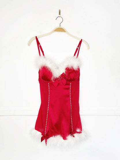 la senza mrs claus boa feather trim satin bustier - good market thrift store
