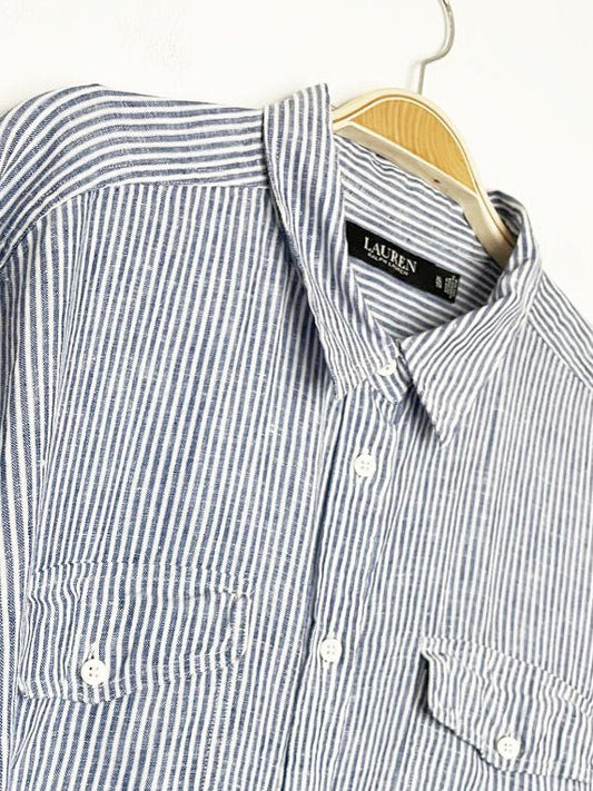 lauren ralph lauren 100% linen blue stripe sporty prep full button shirt - good market thrift store