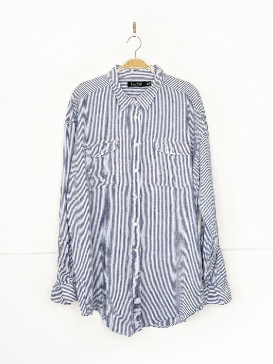 lauren ralph lauren 100% linen blue stripe sporty prep full button shirt - good market thrift store