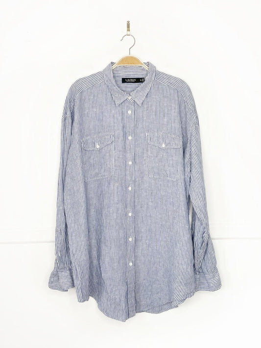 lauren ralph lauren 100% linen blue stripe sporty prep full button shirt - good market thrift store