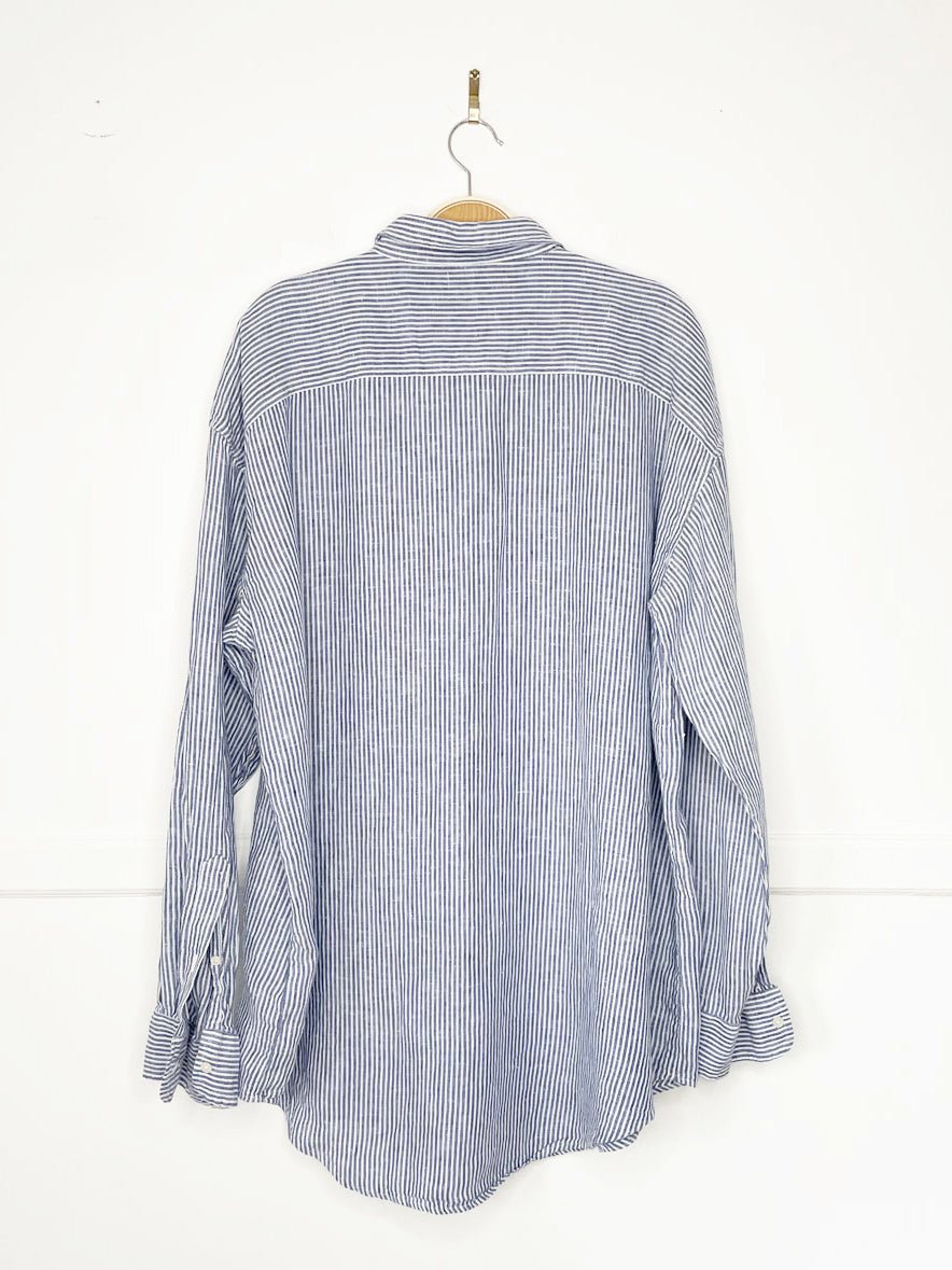 lauren ralph lauren 100% linen blue stripe sporty prep full button shirt - good market thrift store