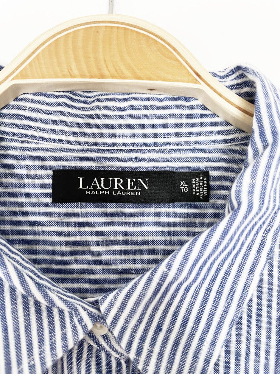 lauren ralph lauren 100% linen blue stripe sporty prep full button shirt - good market thrift store