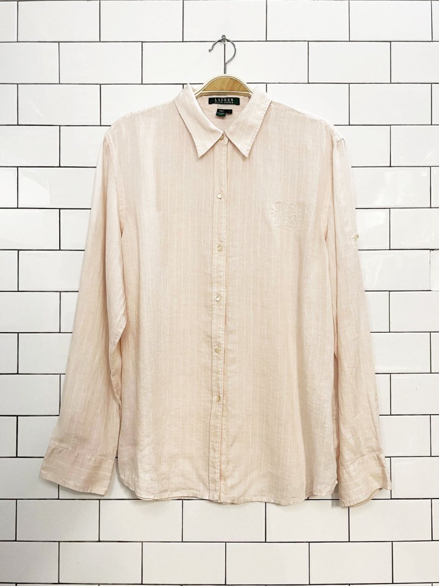 lauren ralph lauren 100% linen crested stripe full button shirt - good market thrift store
