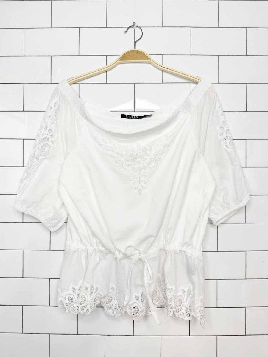 lauren ralph lauren voile eyele inset off shoulder boho blouse - good market thrift store