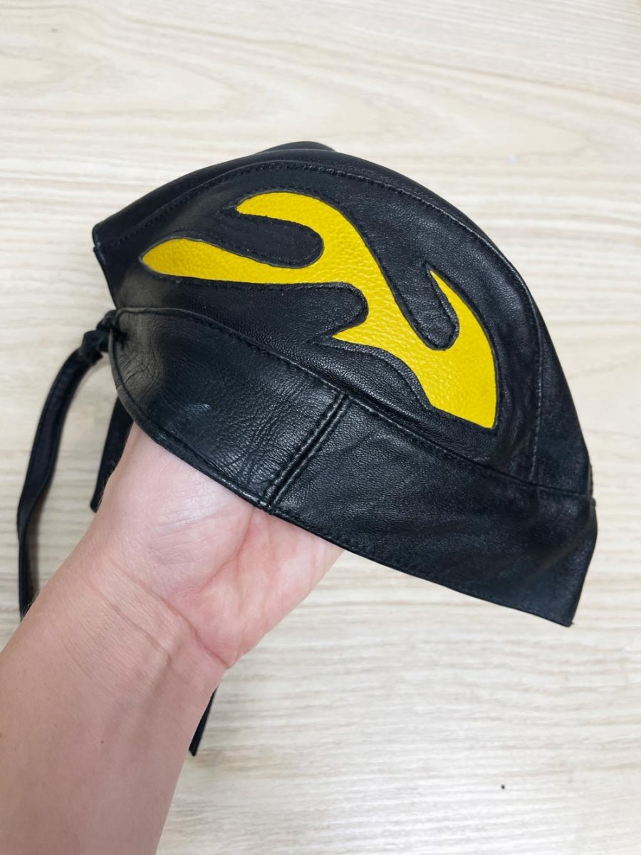 leather flame biker skull cap - good market thrift store