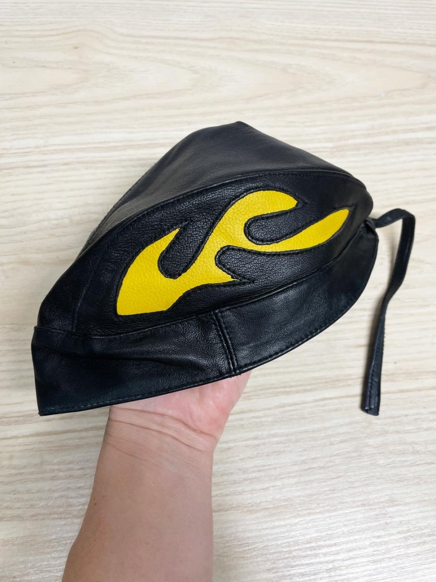 leather flame biker skull cap - good market thrift store
