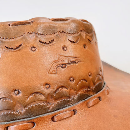 vintage handmade tooled gun leather rancher hat