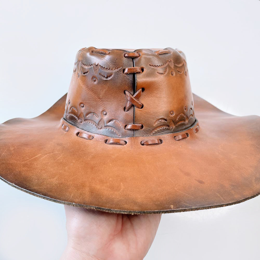 vintage handmade tooled gun leather rancher hat