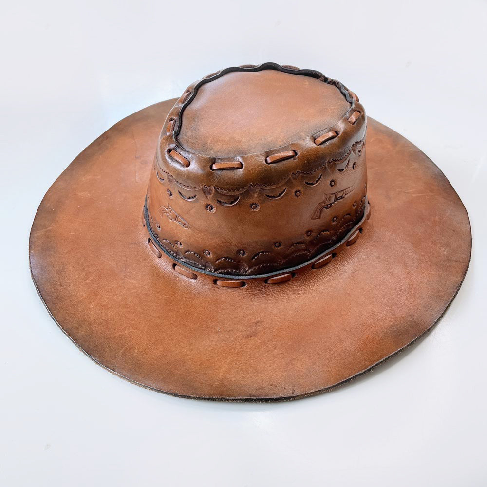 vintage handmade tooled gun leather rancher hat