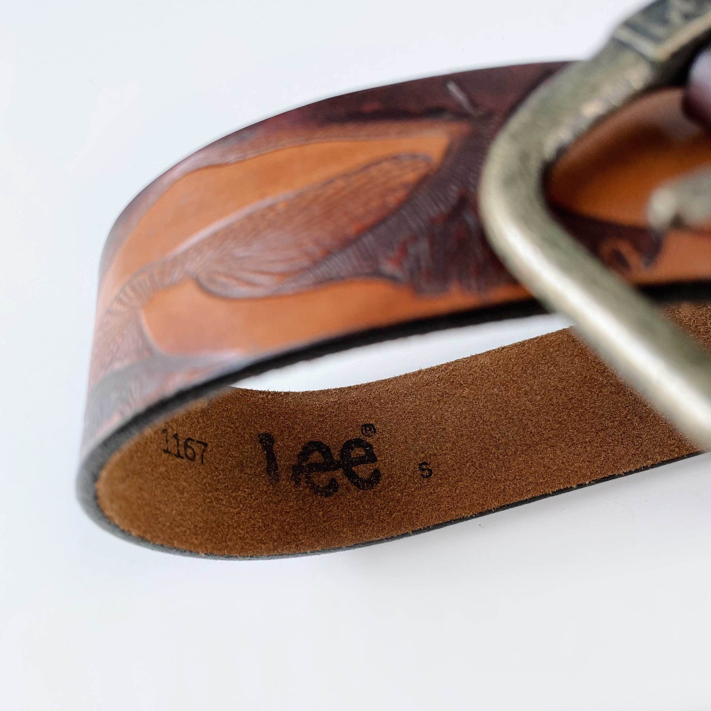 vintage lee tooled leather mushroom belt