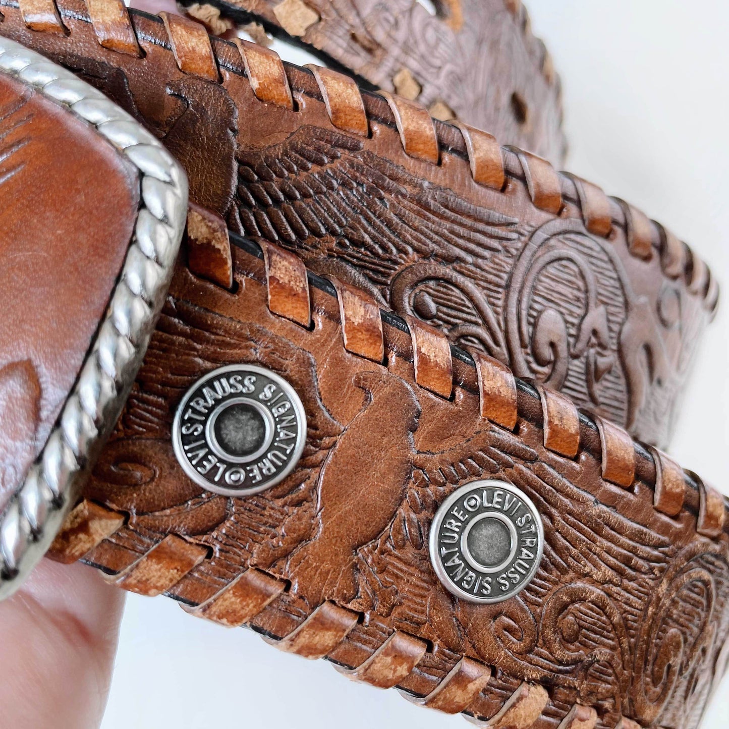 vintage levi's tooled eagle braided trim leather western belt