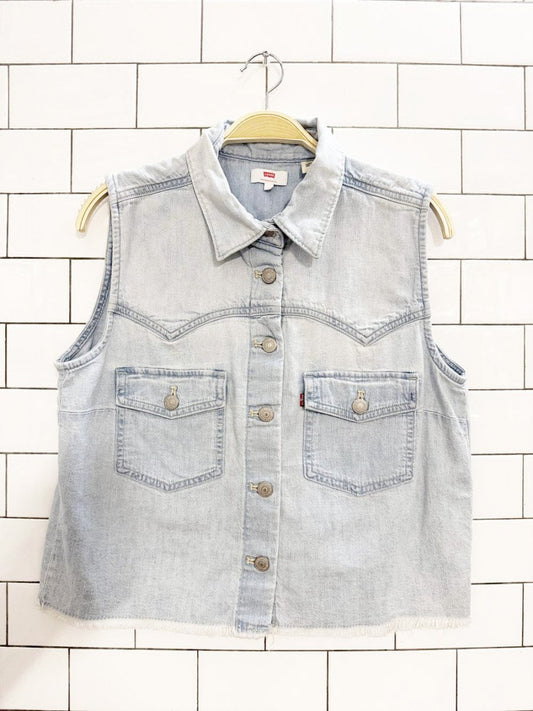 levi's full button denim sleeveless raw hem shirt - good market thrift store
