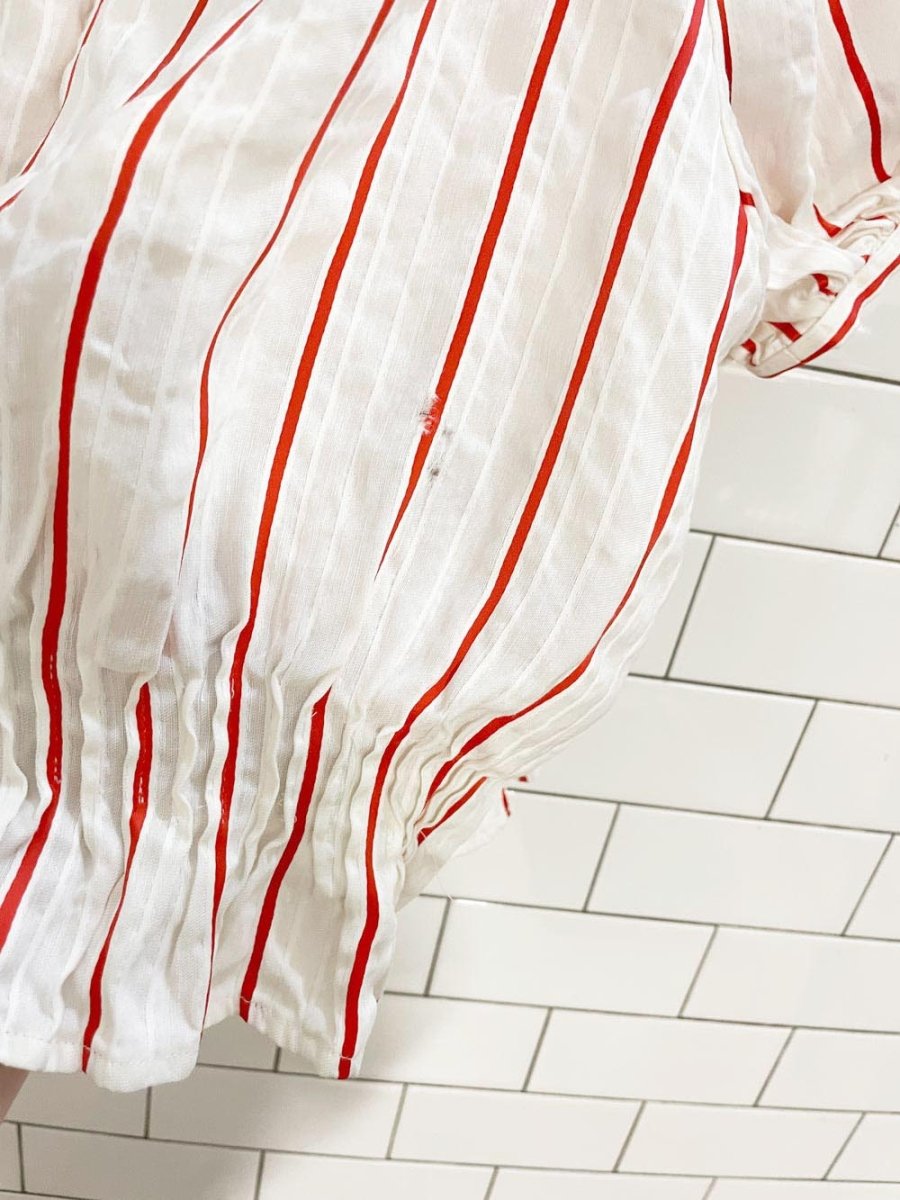 lewit linen - blend kiev stripe off shoulder ruched blouse - good market thrift store