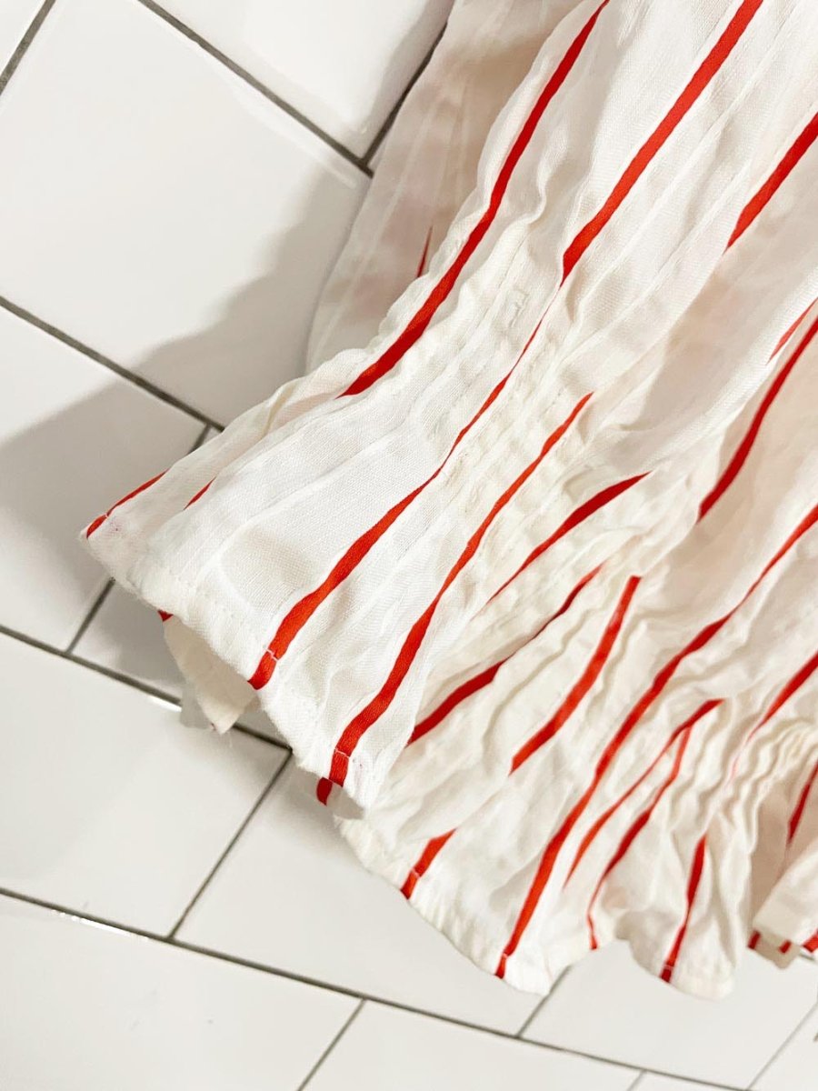 lewit linen - blend kiev stripe off shoulder ruched blouse - good market thrift store