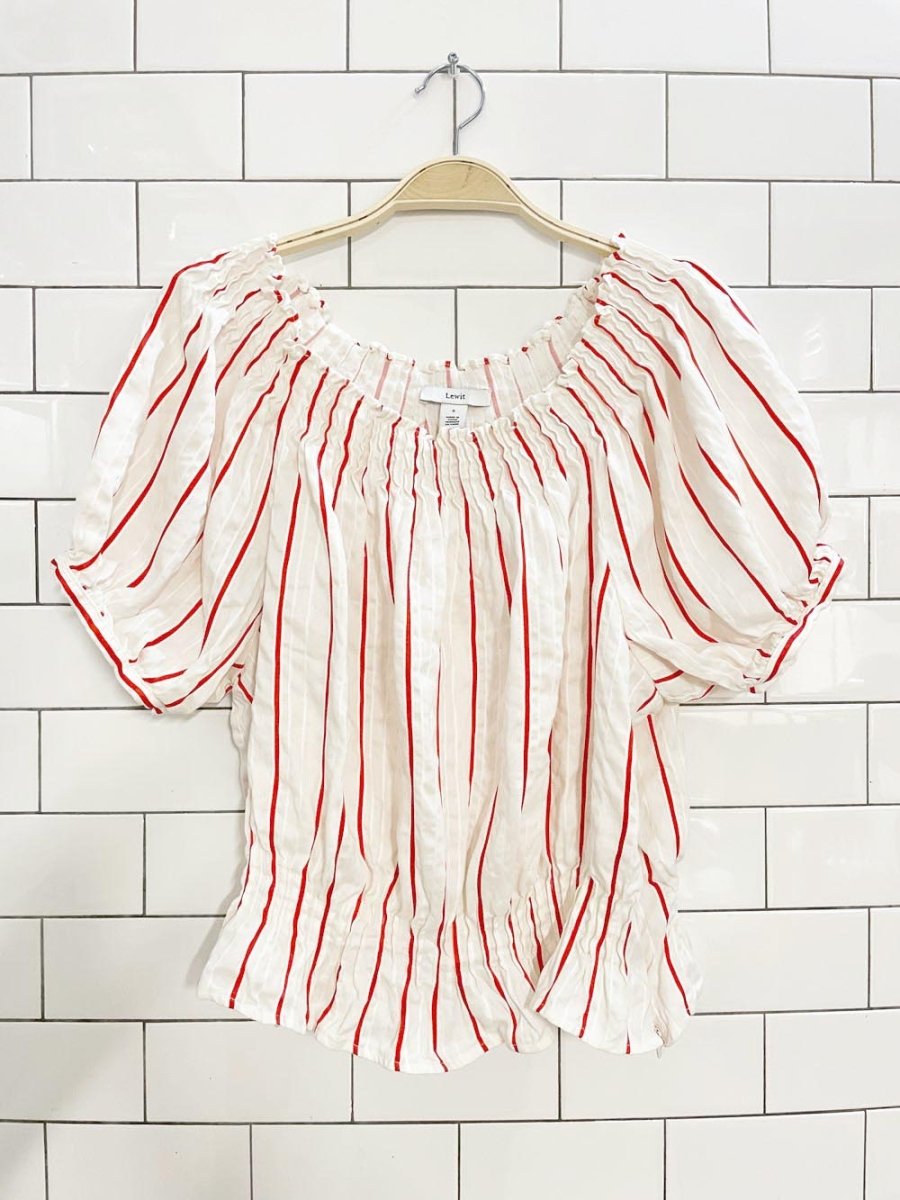 lewit linen - blend kiev stripe off shoulder ruched blouse - good market thrift store