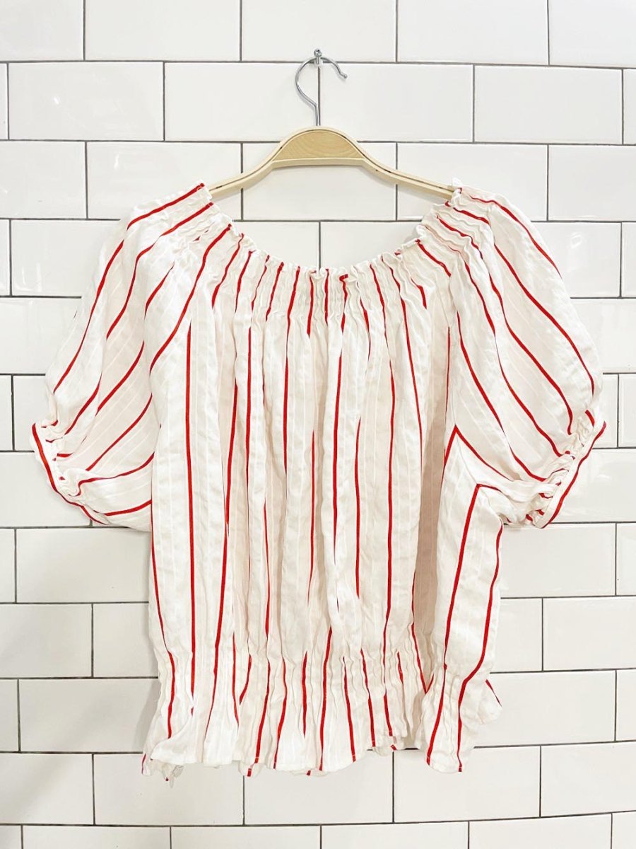 lewit linen - blend kiev stripe off shoulder ruched blouse - good market thrift store