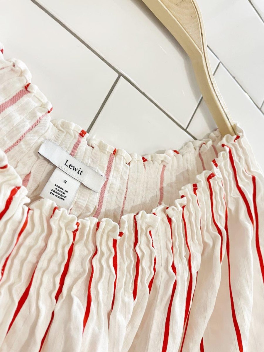 lewit linen - blend kiev stripe off shoulder ruched blouse - good market thrift store