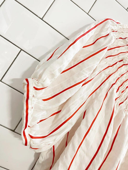 lewit linen - blend kiev stripe off shoulder ruched blouse - good market thrift store