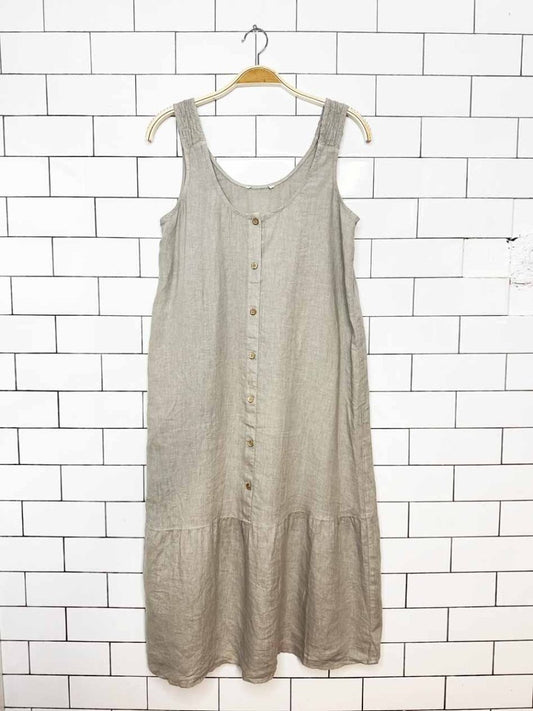 linen smocked shoulder peplum hem midi dress - good market thrift store
