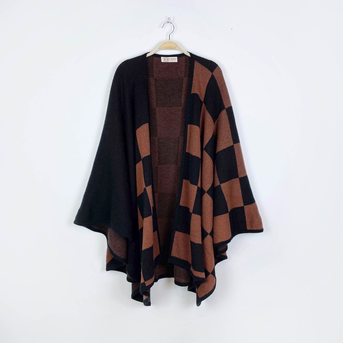 vintage loewe black brown checkerboard knit cape - OS