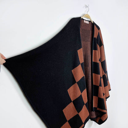 vintage loewe black brown checkerboard knit cape - OS