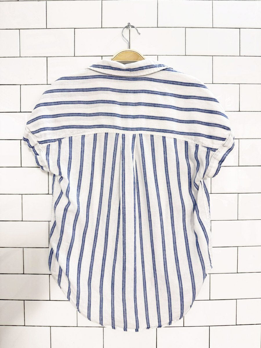 lola river linen - blend cuffed sleeve blue stripe full button shirt - good market thrift store