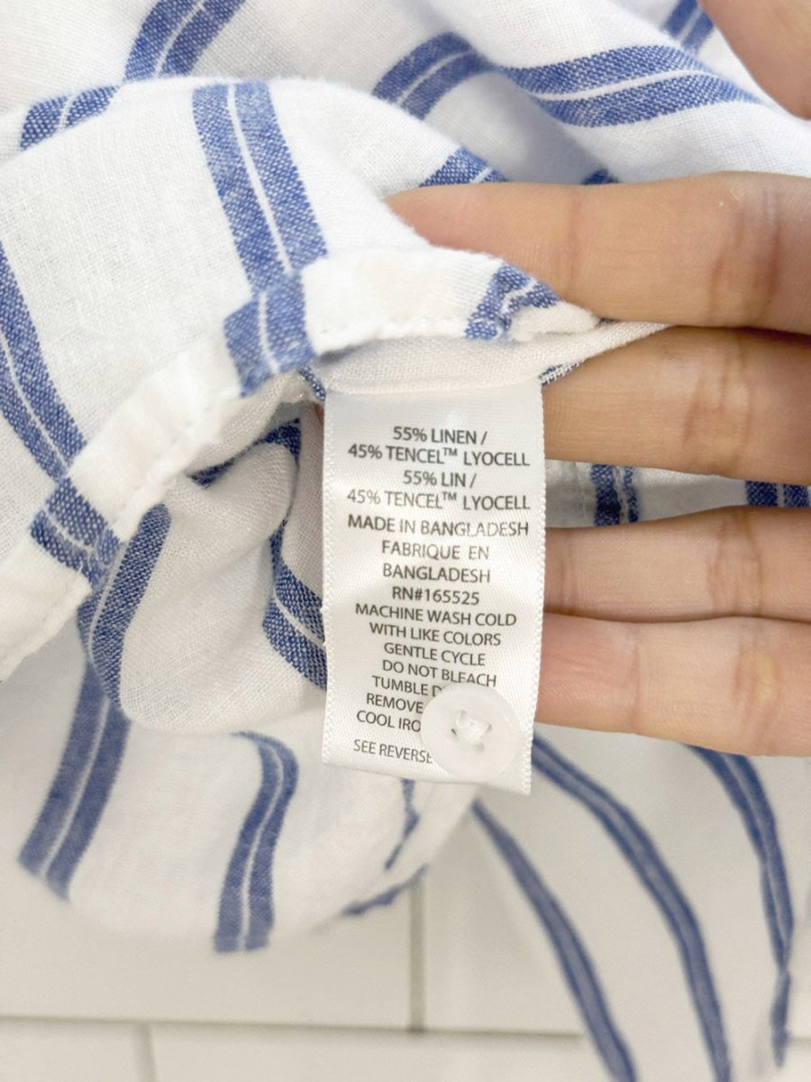 lola river linen - blend cuffed sleeve blue stripe full button shirt - good market thrift store