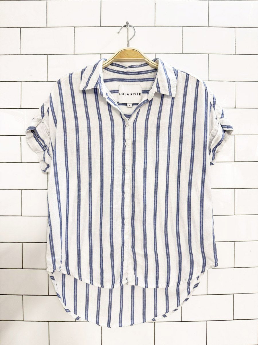 lola river linen - blend cuffed sleeve blue stripe full button shirt - good market thrift store
