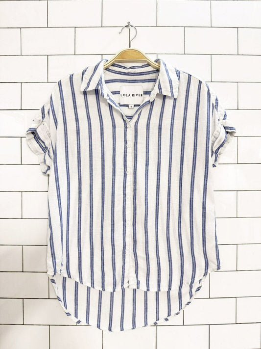 lola river linen - blend cuffed sleeve blue stripe full button shirt - good market thrift store