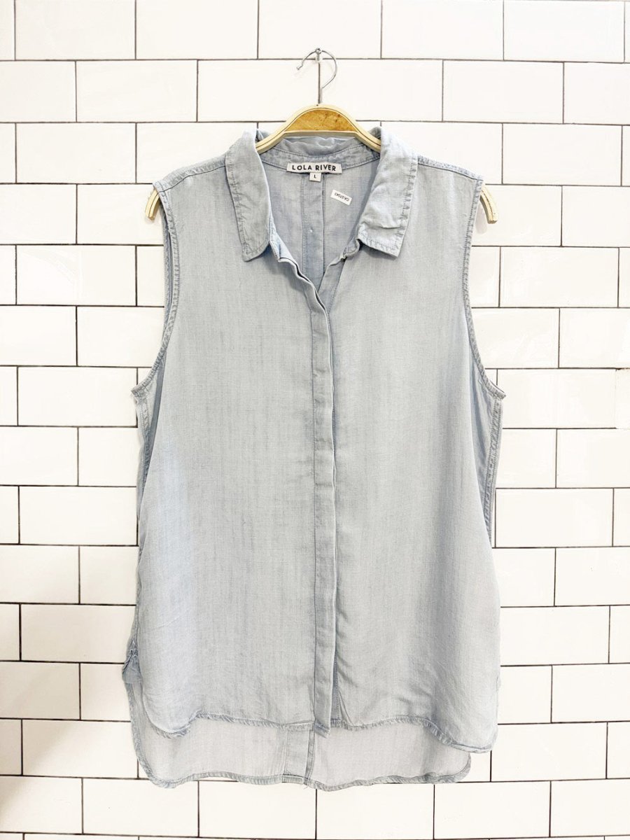 lola river sleeveless full button denim chambray shirt - good market thrift store