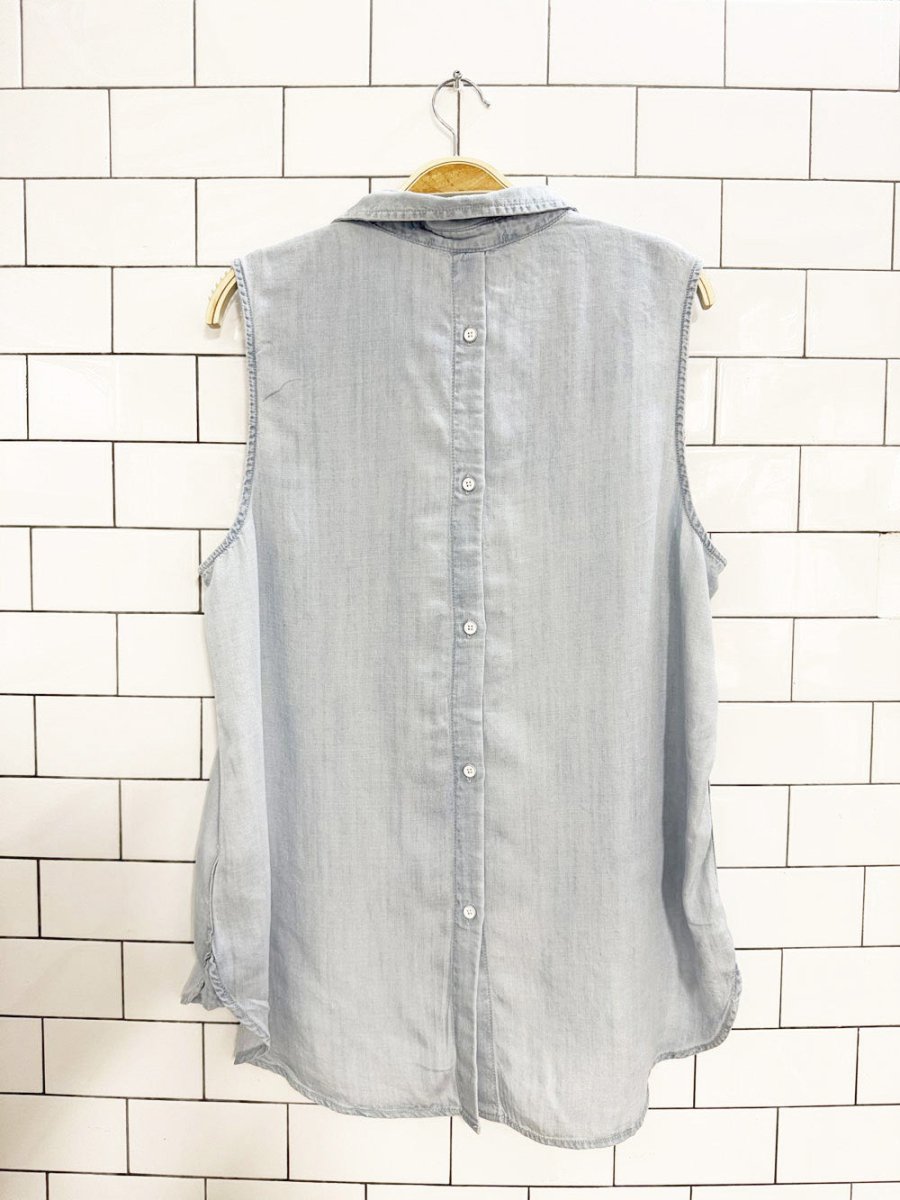 lola river sleeveless full button denim chambray shirt - good market thrift store