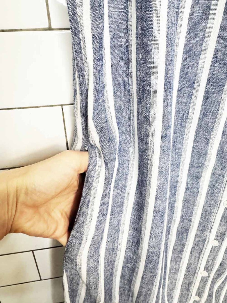 lord & taylor linen-blend blue stripe full button shirt midi dress - good market thrift store