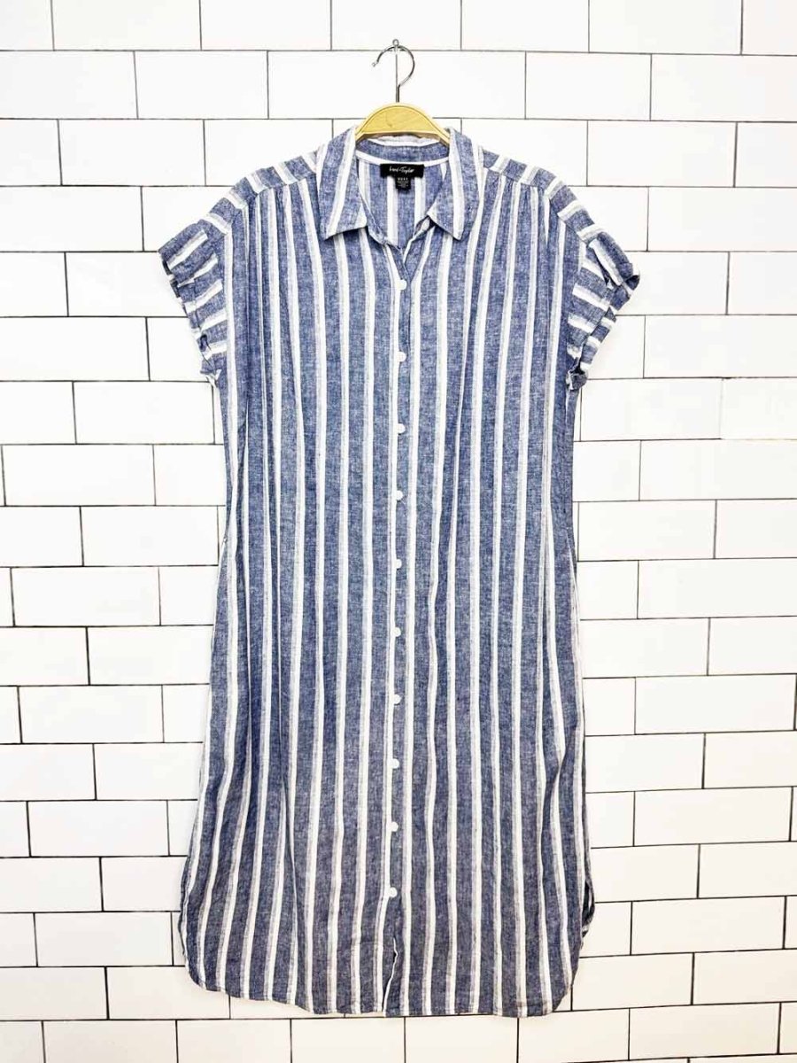 lord & taylor linen-blend blue stripe full button shirt midi dress - good market thrift store