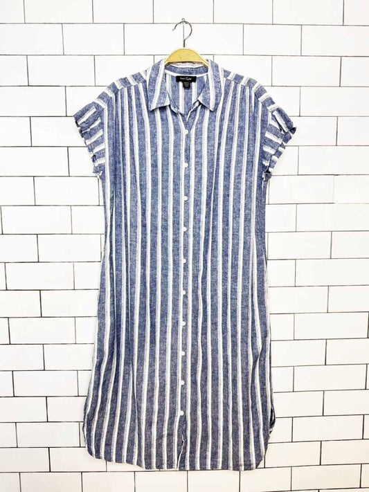 lord & taylor linen-blend blue stripe full button shirt midi dress - good market thrift store