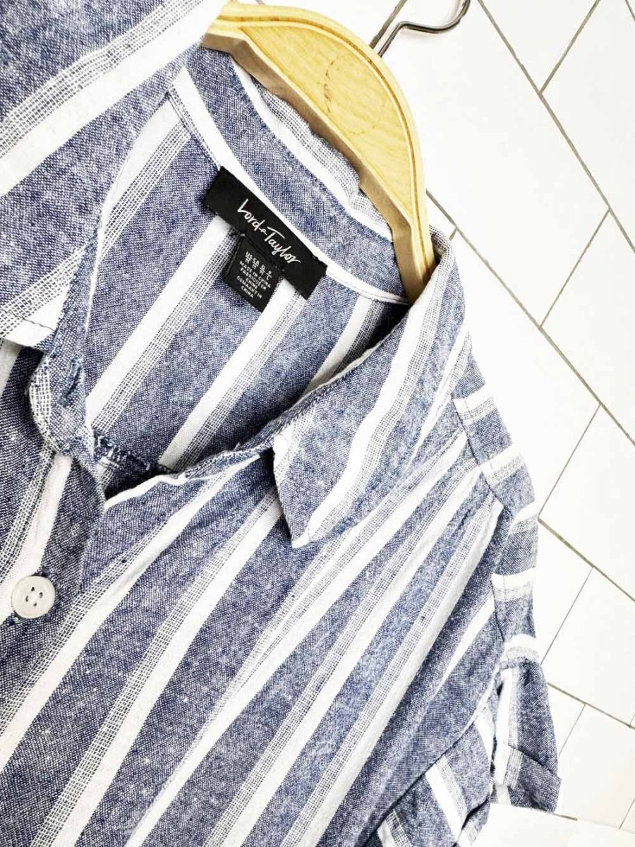 lord & taylor linen-blend blue stripe full button shirt midi dress - good market thrift store
