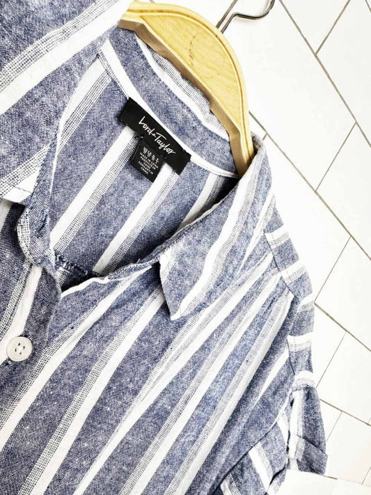 lord & taylor linen-blend blue stripe full button shirt midi dress - good market thrift store