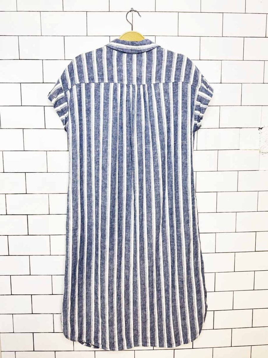 lord & taylor linen-blend blue stripe full button shirt midi dress - good market thrift store