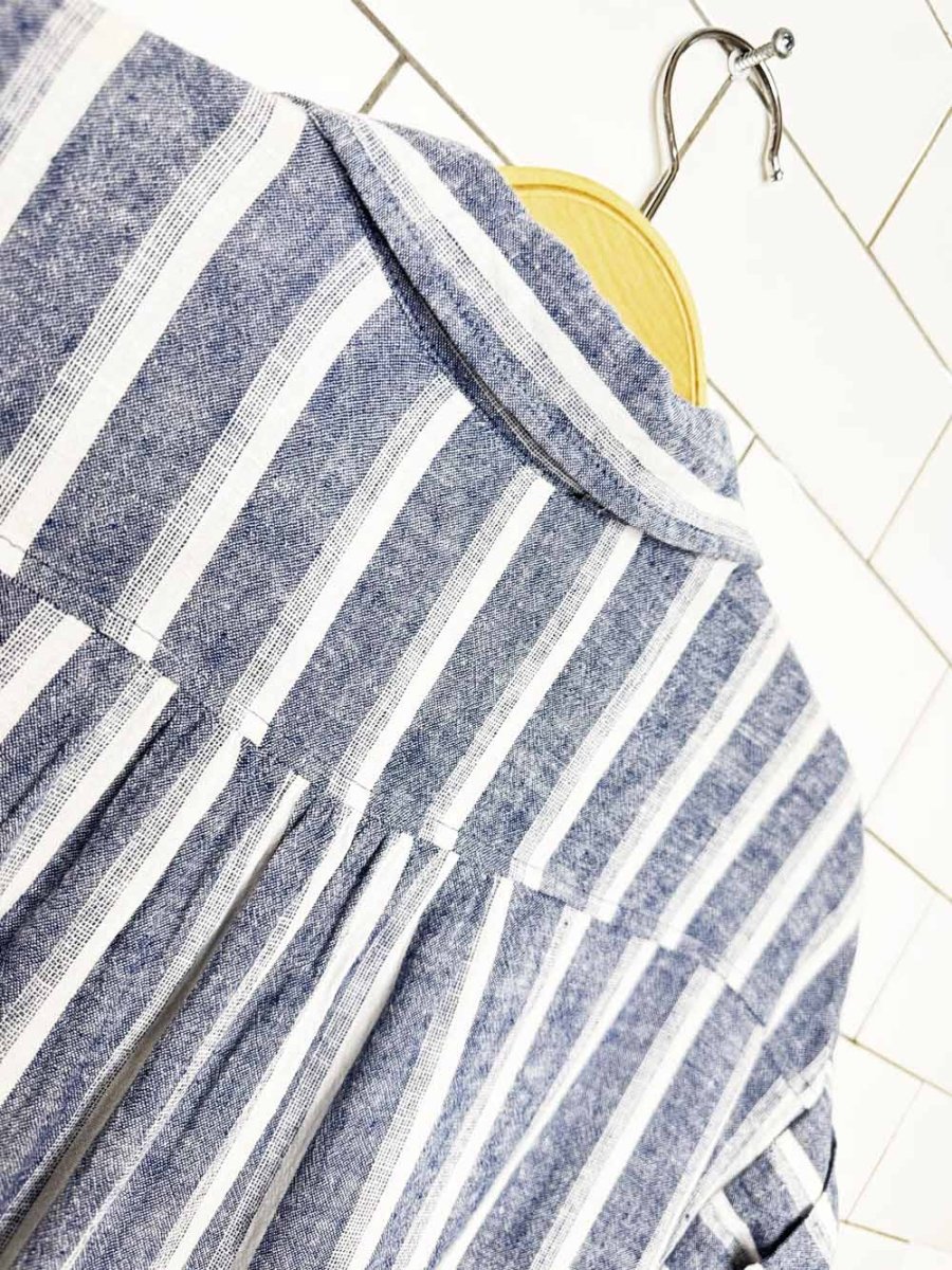 lord & taylor linen-blend blue stripe full button shirt midi dress - good market thrift store