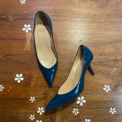 christian louboutin clare teal pointed toe kitten heel - size 38