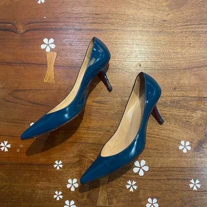 christian louboutin clare teal pointed toe kitten heel - size 38