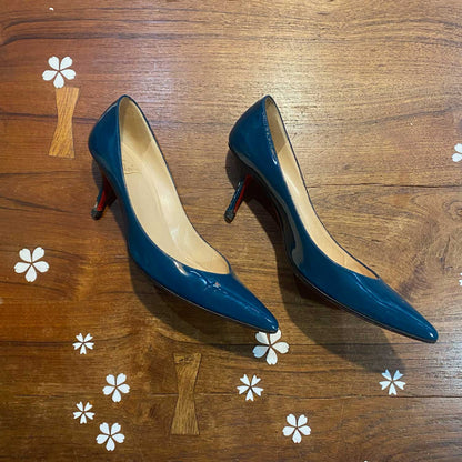 christian louboutin clare teal pointed toe kitten heel - size 38